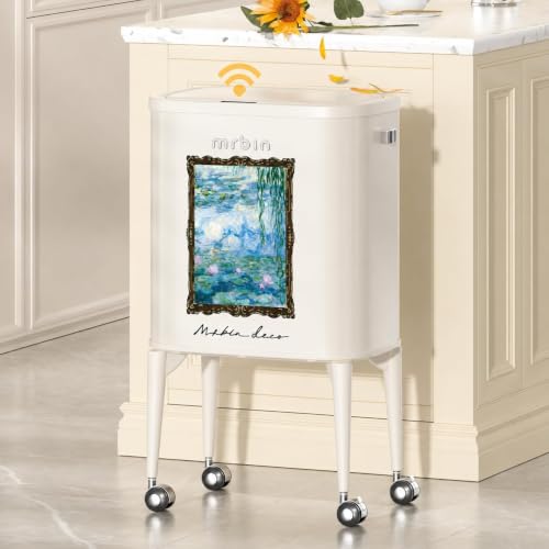 Image of MRBIN Metal Motion Sensor Kitchen Trash Can with Wheel Legs, Medium Press Lid Slim Waste Basket, 36L / 9.5gal Pet Proof Tall Narrow Garbage Pail for Vanity, Living Room, Bathroom, Bedroom, Water Lily