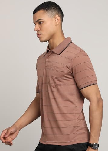 Image of INKKR Men Striped Polo Neck Cotton Blend T-Shirt
