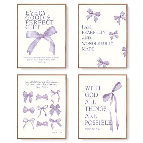 Image of LARTSFRO Coquette Purple Bow Wall Art Decor Posters, Purple Bow Room Bedroom Bathroom Dorm Wall Art Decor Aesthetic for Teen Girls Gifts, Inspirational Bible Verses Bow Wall Decor, 12x16 Inch Set of 4 Pcs Bow Pictures (UNFRAMED)