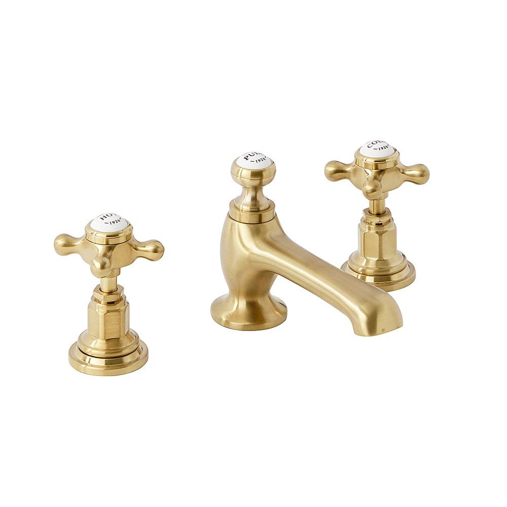 Milano Brushed Brass Elizabeth 3 Tap-Hole Basin Mixer Tap Crosshead Handles