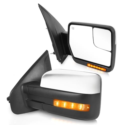 JDMSPEED Pair Driver & Passenger Side Tow Mirrors Compatible with Ford F-150 2004-2014 with Heated Power Glass Manual Folding Turn Signal Puddle Light(Chrome)