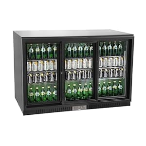 GBC3103 Glastür-Kühlschrank, Verzinktes Blech/Aluminium/Glas, 3 türig, 9 verstellbare Einlegeböden, automatische Abtauung, 308 L, mit Schloß, LED Beleuchtung, schwarz