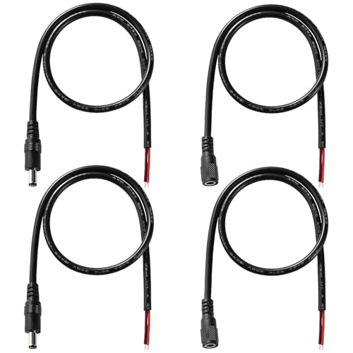 KUOQIY 4 Piezas 50cm 18 AWG Cables de Coletas de Alimentación de CC, 5.5mm x 2.1mm Macho y Hembra Enchufe a Cable Desnudo Cable de alimentación Extremo Abierto Cables Reparación