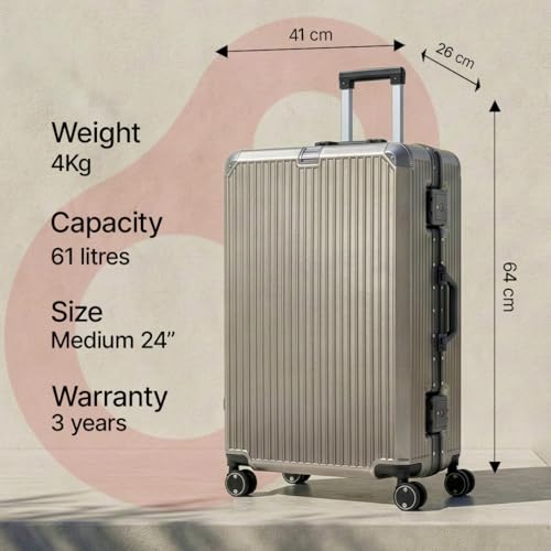 Image of Vertica Hard PC Trolley Luggage, Medium Size, 100% Polycarbonate, Lightweight and Durable, Silent Wheels, Anti-Theft with Aluminium Frame, and 2 TSA Locks, 24-Inch, Granite Haze
