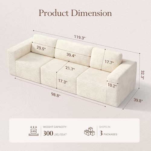 Image of Vesgantti 119 inch Modular Sectional Sofa, Corduroy Cloud Couch with Deep Seating & Spring Support, 3 Seater Flexible Layout Sofa, Boneless Couch for Living Room & Apartment, No Assembly Required, Beige