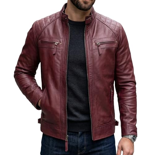 Image of Leather Jacket Men - Real Lambskin Motorcycle Jacket with Snap Tab Collar, Adjustable Waist & Zippered Pockets