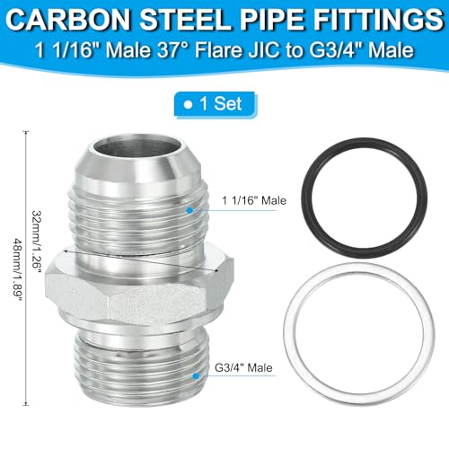 Image of PATIKIL Hex Reducing Nipple Connectors Pipe Adapter 1 1 /16 inch Male 37 Flare JIC x 3 /4 inch g Male, Pipe Fitting Reducer Nipple Adapter Plated Steel Hydraulic Fitting