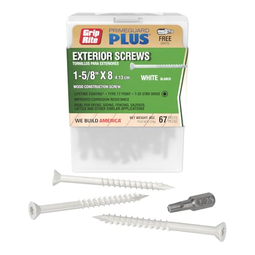 Grip-Rite PrimeGuard Plus Tornillos para Deck Premium para Proyectos al Aire Libre - Cabeza Bugle - Sistema T-25 Estrella - Tornillos para Madera de Rosca Gruesa - 9 x 2-1/2" - Caja con 40 Piezas - Blanco - P212STWH40