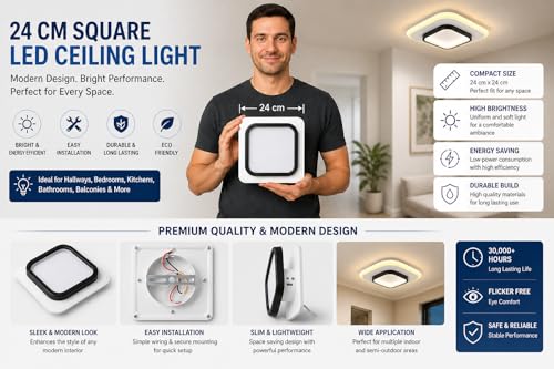 Image of 40w LED Ceiling Light from Acrylic Flush Mount Lamp for Living Room, Bedroom, Kitchen & Office. Modes : Warm, Cool & Natural White (Square)