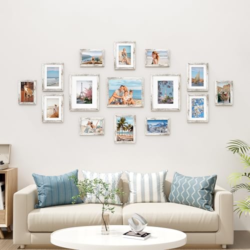 Image of Vittanly 15 Pack Picture Frames Collage Wall Decor for Mounting or Tabletop Display, Gallery Frame Set for Family, Multi Sizes Including 3pcs 8x10, 6pcs 5x7, 6pcs 4x6, Distressed White