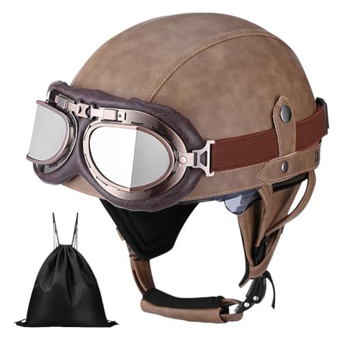 Uueybsg Casque de Moto Vintage Cuir Retro Casque Jet Casques Bols Demi Casque de Mobylette Cuir avec Lunettes Homologué ECE Casque Scooter pour Adultes Homme...
