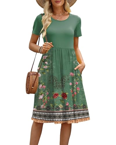 Image of COSSEN Women's 2026 Summer Midi Dress Crew Neck Short Sleeve Casual Tshirt Flowy Loose Sundress with Pockets