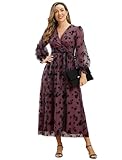 Women Floral Embroidered Maxi Dress Long Puff Sleeve Tulle Dress Flower Embroidery Dress Tulle Prom Dress Boho Flowy Casual V Neck Cocktail Party Embroidery Mesh Floral Print Dress with Belt Fuchsia M