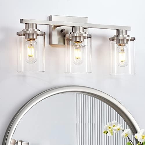 Toilet Mild Fixtures, 3 Mild Toilet Self-importance Mild, Brushed Nickel Self-importance Lights Over Mirror with Clear Glass Shade and Nickel End, Metallic Toilet Wall Mild (Brushed Nickel, 3-Mild)