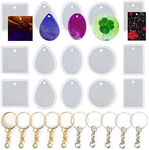 25 PCS- Silicone Pendant Molds for Resin Casting + Key Rings with Chain, Charms Jewelry Making Moulds with Hanging Holes for Epoxy Resin DIY Art Crafts