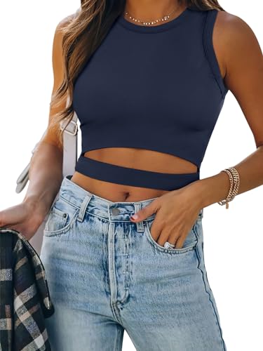 Image of ANRABESS Women Tank Tops High Neck Sleeveless Sexy Cutout Racer Back Going Out Crop Tops Shirts Summer Y2K Outfits