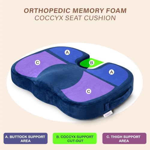 Image of Orthopaedic Memory Foam Coccyx Seat Cushion-(2 Year Warranty) - (18 inchx14 inchx3 inch) Tailbone & Sciatica Relief, Extra Support for Long Sitting,Non-Slip for Office /Home Chairs,Upto 100 kg - Velvet Blue