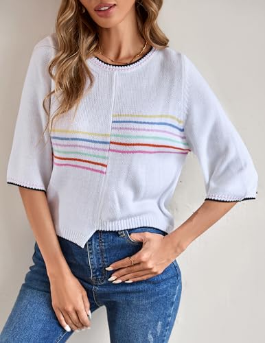 Womens Cute Striped Ribbed Knit Color Block Crewneck 3/4 Sleeve Pullover Sweater Spring 20254