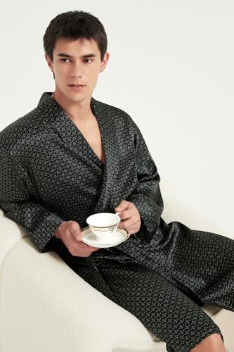 Image of Men's 100% Mulberry Silk Long Robe Kimono Paisley Print Bath Robe, Heavy Silk 19 Momme Dressing Gown