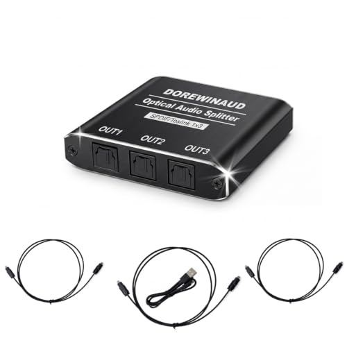 DOREWINAUD Optical Audio Splitter 1x3 with 3PCS Optical Audio Cable Aluminum Shell Toslink Splitter 1 in 3 Out Supports Dolby Digital & DTS 5.1 for PS5 Xbox Blue-Ray DVD HDTV TV Box