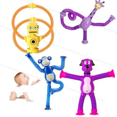 Toy Imagine Telescopic Suction Toys – Mix Pack of 4 | Travel Friendly Suction Toys for Toddlers & Kids | Engaging Baby Toys for Flight, Car & Home | Unique Sensory Toys for 1+ Year Olds