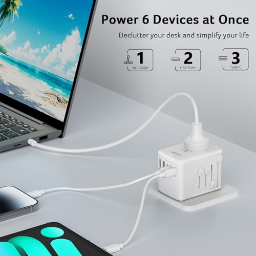 Image of Acer Universal Travel Plug Adapter - International Power Adapter with 5 USB Ports (3 USB C) 5.8A, Worldwide Outlet Charger for USA to European UK France Germany Spain, Type C /E /F /G /I /L /A, White