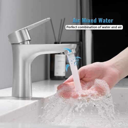 Single Handle Bathroom Faucet, Brushed Nickel Stainless Steel Bathroom Sink Faucet, Commercial Bathroom Faucets,1 Hole Deck Mount Rv Mixer Tap Lavatory Vanity Sink Faucet With Supply Lines Kmbf008L-1 #TOP3