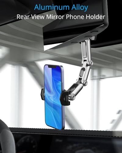 Image of Rear View Mirror Phone Holder Mount for Car, Aluminum Multi-Directional metal arms and 360-degree Rotatable Retractable, Auto Essentials Accessories Compatible with iphone android phones (Silver)