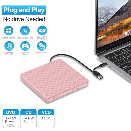 Image of External CD /DVD Drive for Laptop, CD Burner /CD Reader /DVD Player for Laptop | External Disc Drive /CD Rom External Drive for Laptop Desktop PC Windows 11 /10 /8.1 /7 MacBook Mac Linux OS Apple Pink