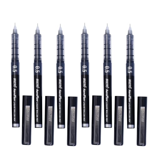 Image of BRUSTRO AeroFlow Liquid Ink Rollerball Pens | Black | 0.5mm, Micro Tip | Pack of 6 | Ideal for Students, Professionals, Office, Exam use, Accurate Smooth Writing, Waterproof, Fade Resistant