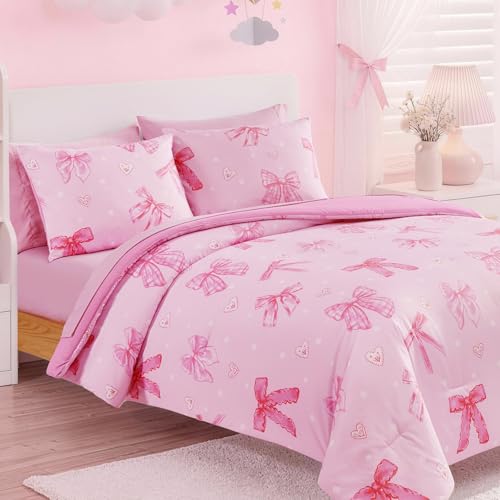 Image of Queen Comforter Set for Girls Blush Pink Bow 7 Pieces Bed in a Bag