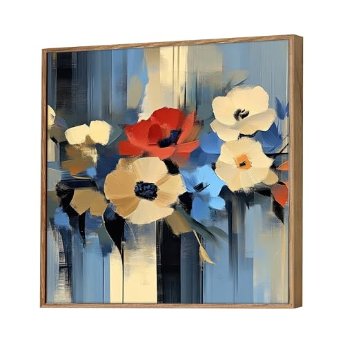 Image of Abstract Floral Framed Canvas Wall Art Painting for Living Room | Modern Blue & White Flower Artwork with Wooden Frame | Contemporary Decorative Wall Decor for Home & Office, 23x23 Inch