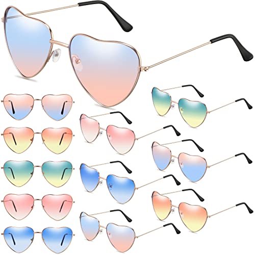 Weewooday 12 Pairs Heart Sunglasses Thin Metal Frame Hippie Sunglasses Retro Wire Rimmed Heart Shaped Sunglasses Multicolor Vintage Heart Lenses Glasses for Women Men