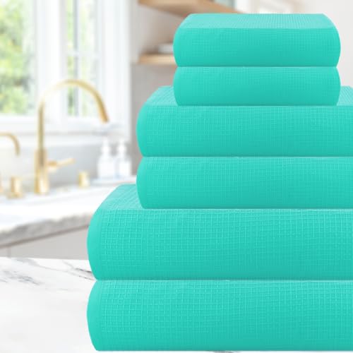 Image of Casa Copenhagen, Egyptian Cotton - Waffle Terry Towel 6 Piece Set, Includes 2 Bath Towels 2 Hand Towels 2 Washcloths - Aqua Blue
