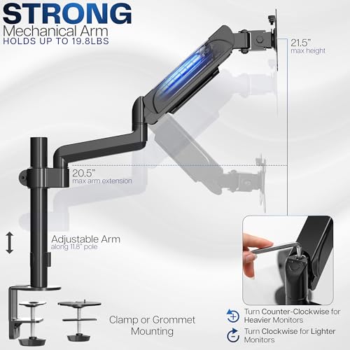 Image of VIVO Single Monitor Arm Mount for 17 to 32 inch Screens - Tension Height Adjustment, Full Articulating Tilt, Swivel, Heavy Duty VESA Stand with Desk C-clamp and Grommet Option STAND-V001K