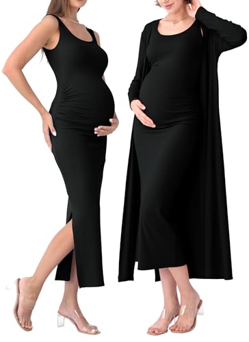 Rnxrbb 2 PCS Spring Summer Maternity Dress Cardigan Set Bodycon Maxi Formal Dresses Boho Baby Shower for Women Black M
