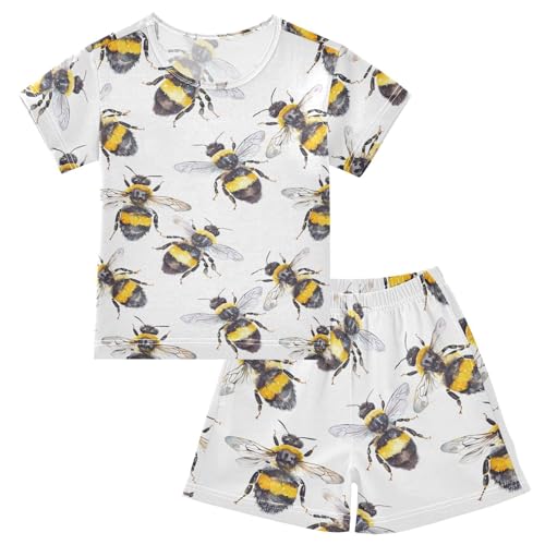 ALAZA Bee Watercolor White Pajamas Short Sleeve 2 Piece Sleepwear Top and Bottom Pajama Set Unisex