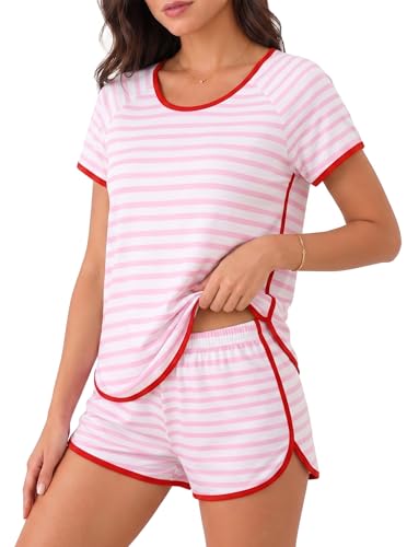 Image of Hilinker Women Striped Pajama Set Short Sleeve Top with Shorts Sleepwear Pjs 2 Piece Lounge Sets