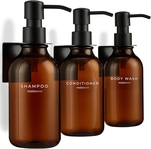 MaisoNovo Distributeur Savon Mural sans Percage Lot De 3-500ml Ambre Distributeur Shampoing Et Gel Douche avec Pompes en Noires - Fixation Sécurisée