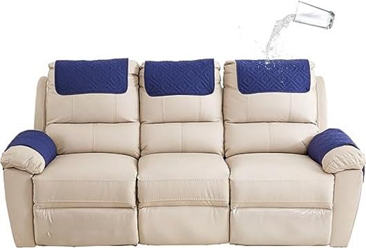 Armrest and Headrest Cover for Sofa, Recliner Chair, Leather Couch - Nonslip Waterproof Protector (Navy Blue, 3-Seater)