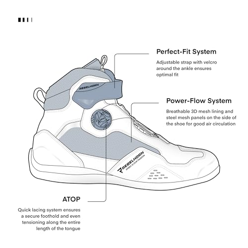 REBELHORN Spark II Motorradstiefel Damen und Herren | PU Leder | ATOP Schnell-Schnürsystem | Knöchelprotektoren | Verstärkte Zehen | Mesh Belüftungspaneele
