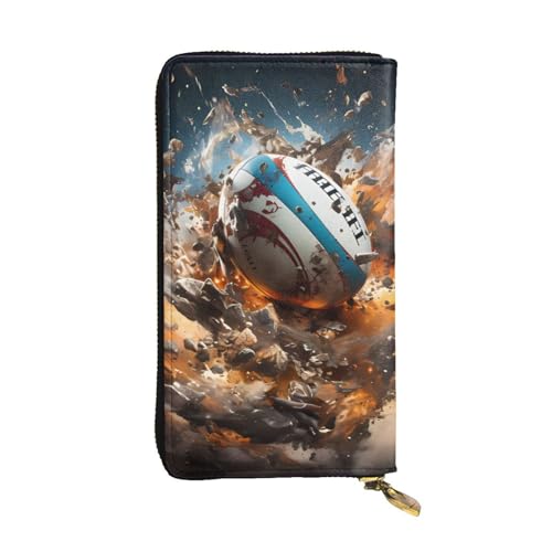 Rugby on Fire Picture Leather Long Clutch Wallet for Fashionable Girls and Women - Durable, Stylish, and Functional, Black, One Size