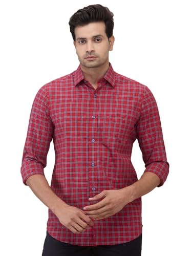 Image of Colorplus Men Regular Fit Checks Pattern Pure Cotton Plain Collar Full Sleeve Casual Shirt