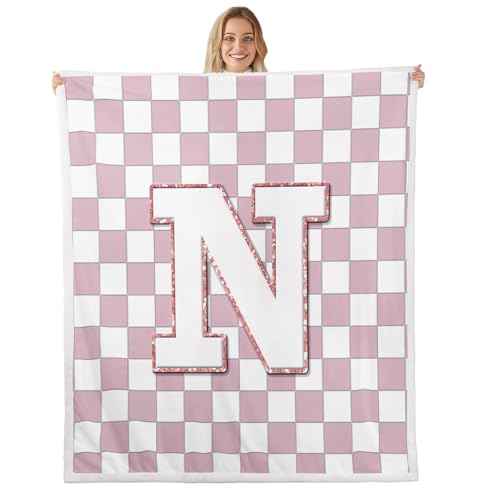 Image of Erosebridal Pink Initial N Sherpa Blanket Kawaii Plaid Checkered Fuzzy Plush Throw Cute Personalized Monogram Fleece Blanket for Kids Girls,Fashion Grids Gingham Decor for Bed Couch Baby 30 inchx40 inch