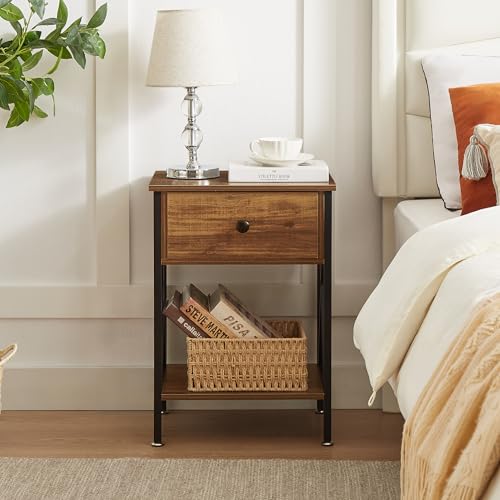 VECELO Nightstands Set of 2, Modern Bedside End Tables, Night Stands with Drawer and Storage Shelf for Living Room Bedroom, Industrial Metal Frame