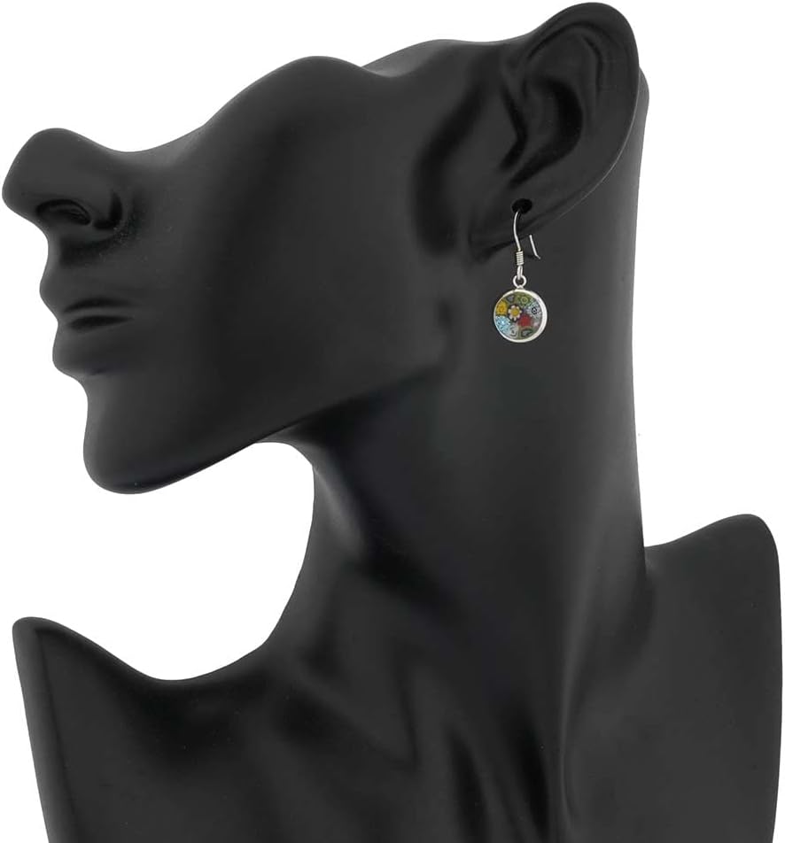 Glass Of Venice Italian Murano Glass Millefiori Round Dangle Earrings "Multicolor" Flowers Small 3/8 inch or 10mm Silver Frame and Hooks - Murano Glass Fashion Earrings For Women