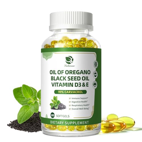 Organic Oregano Oil Capsules with Black Seed Oil, Ultra-Concentrated 99% Carvacrol, 5-in-1 with Vitamin D3 E Black Pepper, Immune, Respiratory, Digestive & Antioxidant*, 180 Softgels, Easy to Swallow