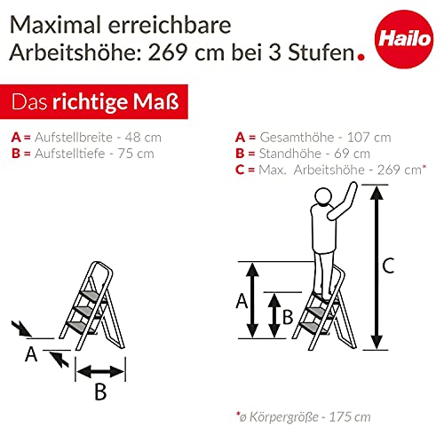 Hailo HobbyStep Stahl-Klapptritt-Leiter - 3 breite Stahl-Stufen mit Anti-Rutsch-Matten belastbar bis 150 kg - Trittleiter mit Klappsicherung - geriffelter ganzflächig aufstehender Steckfuß - weiß