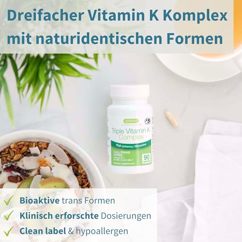 Igennus Hochdosierter Dreifacher Vitamin K Komplex 2700 mcg, Vitamin K1 & K2 (MK-4 & MK-7), bioaktive naturidentische Formen, hochdosiert, Knochen & Herz-Kreislauf-System, Clean Label, 90 Kapseln
