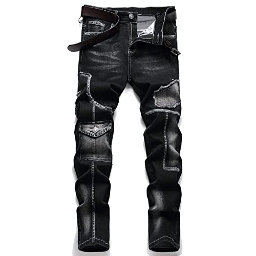 XIMXIMMTIAN Men's Biker Moto Washed Distressed Slim Fit Straight Jeans Denim